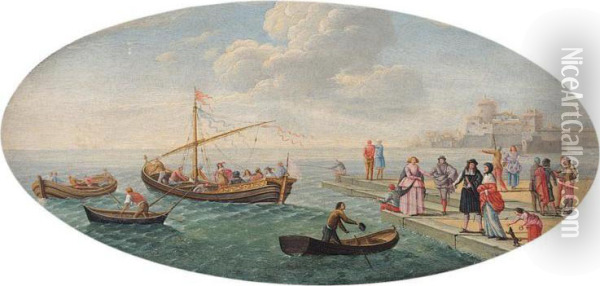A Coastal Scene With Figures On A Quay And Small Vessels Oil Painting - Charles Leopold Grevenbroeck