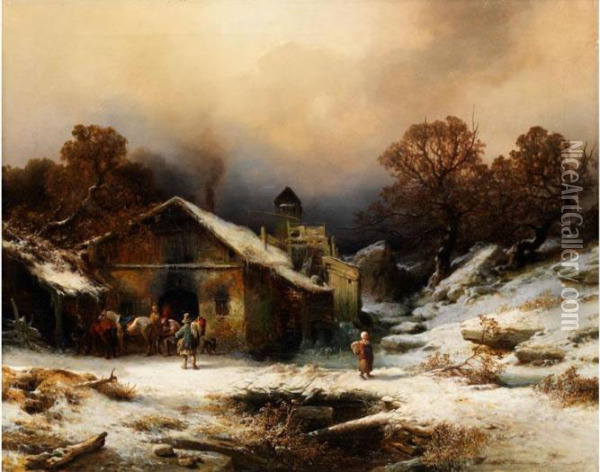 Verschneite Landschaft Mit Bauernhausund Figurenstaffage Oil Painting - August Richard Zimmermann