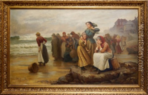 Fisherfolk Waiting On A Shore With A Harbour And Village Beyond Oil Painting - William Harris Weatherhead