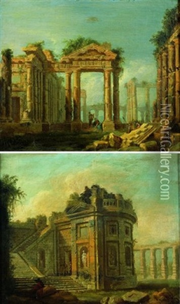 Caprice D'architecture (+ Another, Similar; Pair) Oil Painting - Pierre Antoine Demachy
