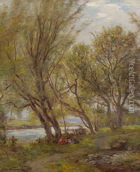 Children By A River Oil Painting - John Henderson