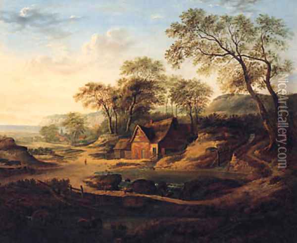A Wooded Landscape With A Watermill, A Drover With Cattle, A Coastal Hamlet Beyond Oil Painting - Patrick Nasmyth