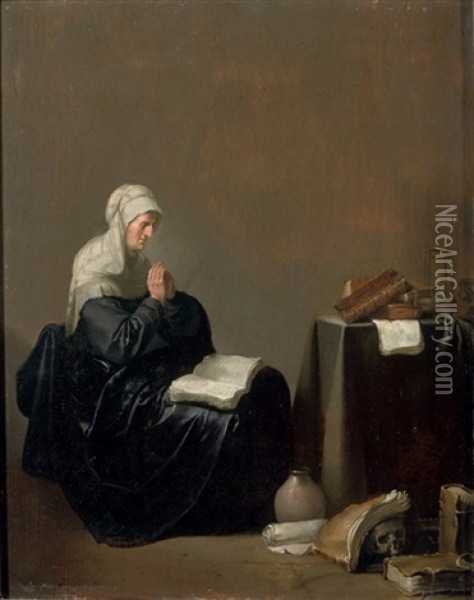 An Old Woman At Prayer With Vanitas Objects Nearby Oil Painting - Willem De Poorter
