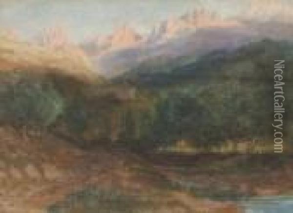 A Mountain Valley Oil Painting - David Cox