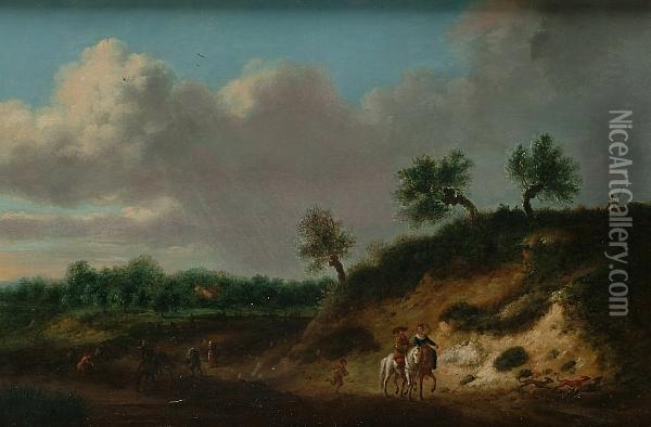 Figures On Horseback In A Country Landscape Oil Painting - Jan Wijnants