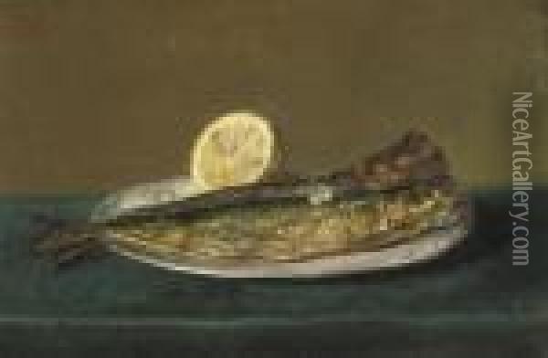 Smoked Herrings With Lemon On A Pewter Plate Oil Painting - Floris Verster
