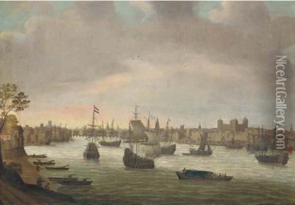View Of The Thames From Southwark Oil Painting - Cornelis Bol