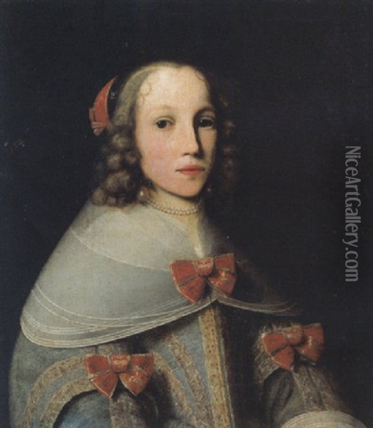 Portrait Of Elisabeth Pruys Van Oswaert Wearing A Light Blue Brocade Dress With Lace Collar And Red Bows, Pearl Necklace And Earrings Oil Painting - Lambert Doomer