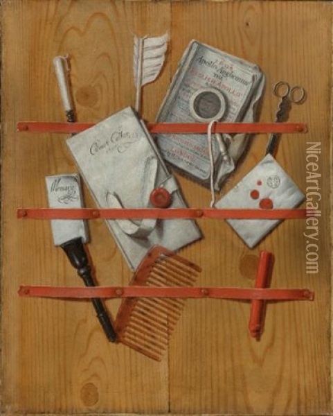 A Trompe L'oeil Still Life With Letters, A Magazine, A Notebook, A Magnifying Glass, Scissors, A Quill, A Letter Opener And A Tortoise Shell Comb Oil Painting - Edward Collier