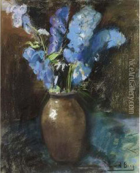 Blue And Purple Flowers In A Vase Oil Painting - Ans Van Den Berg