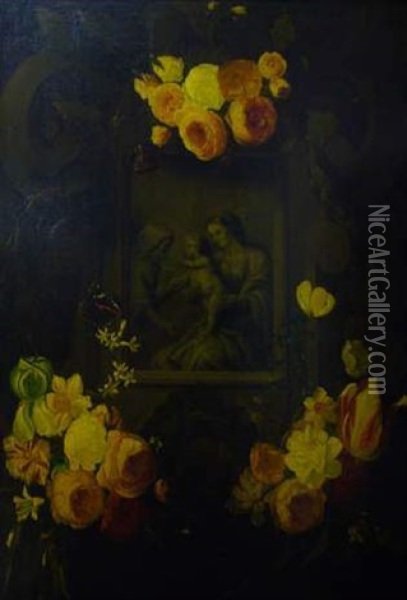 Guirlande De Fleurs Avec Dans Un Medaillon En Grisaille La Vierge A L'enfant Et Sainte Anne Oil Painting - Daniel Seghers