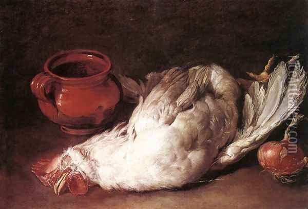 Still-Life with Hen, Onion and Pot 1750s Oil Painting - Giacomo Ceruti (Il Pitocchetto)