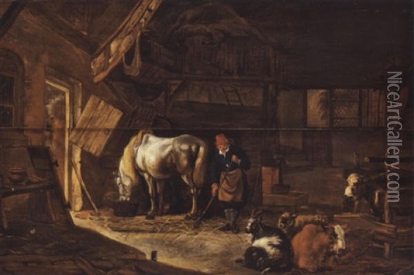 Stallinneres Mit Bauer, Schimmel Und Vieh Oil Painting - Salomon Rombouts