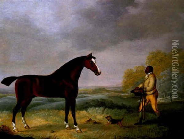 A Bay Hunter With Black Groom And A Terrier In An Open Landscape Oil Painting - Henry Bernard Chalon