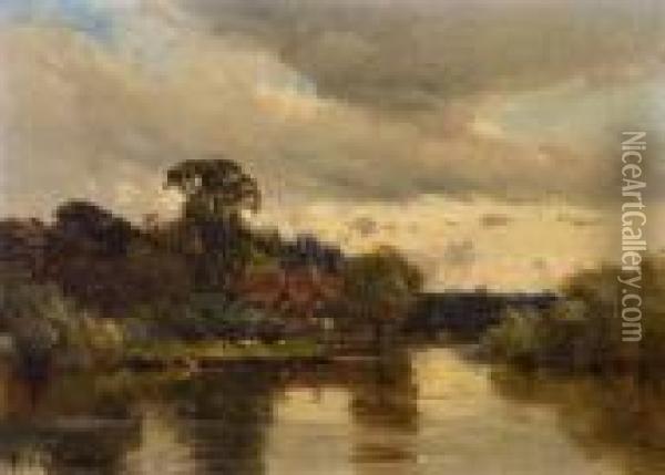 Autumn Evening-a Riverside Farm. Oil Painting - Alfred de Breanski