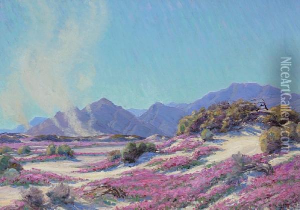 Pink Wildflowers In A Landscape With Dust Devils In The Distance Oil Painting - Arthur Merton Hazard