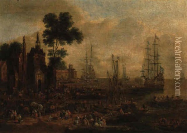 Peasants Loading Waggons In A Harbour Oil Painting - Pieter Bout
