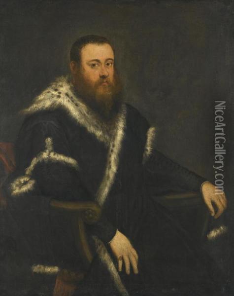 Portrait Of A Bearded Man In A Black Robe With Fur Oil Painting - Jacopo Robusti, II Tintoretto