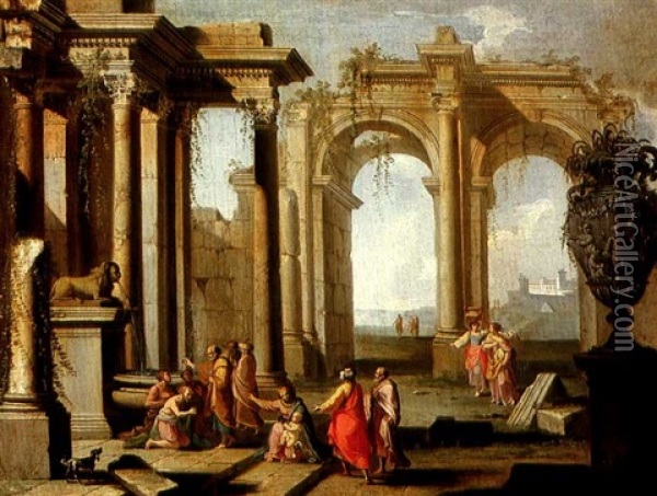 Landscape With Classical Ruins And Saint Peter Baptising Oil Painting - Alberto Carlieri