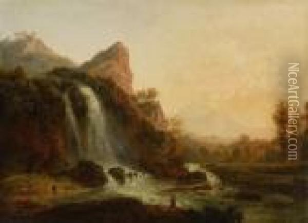 Gebirgslandschaft Mit Grosem
 Wasserfall Bei Abendlicht. Oil Painting - Johann Christian Klengel