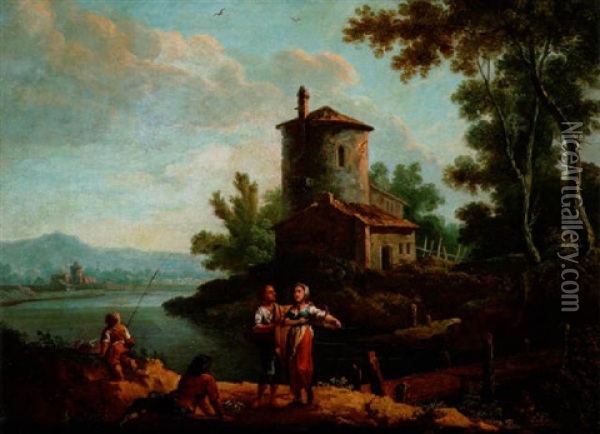 Pecheurs Et Lavandieres Pres D'un Pont De Bois Oil Painting - Jean Baptiste Charles Claudot