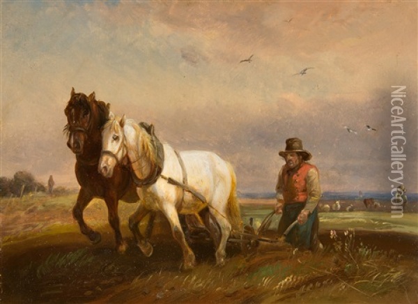 Pendant: Pflugender Bauer - Das Tagwerk Ist Vollbracht (pair) Oil Painting - Alois Bach