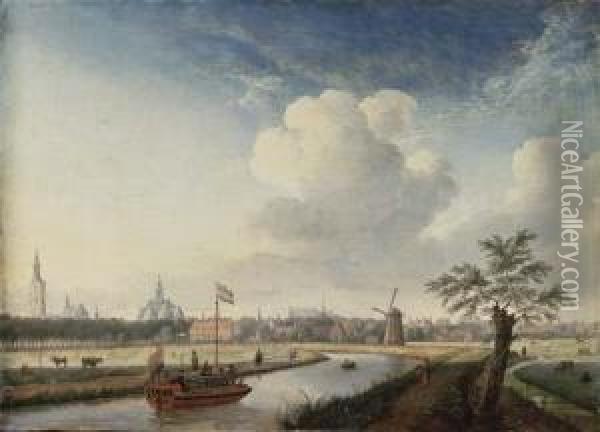 A Cappricio View Of The Hague, With Figures Walking Along A Riverand A Barge Oil Painting - Jan ten Compe