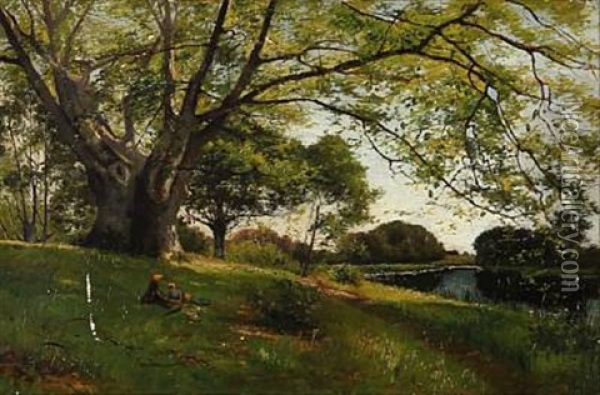 Children On A Meadow Under A Tree Oil Painting - Karl Peter August Schlichting-Carlsen