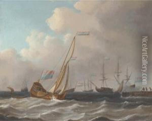 A Dutch Admiralty Yacht Running Into Port With A Warship Salutingoff A Quay Oil Painting - Aernout Smit