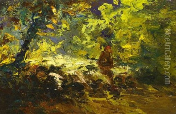 Schafherde Auf Waldweg Oil Painting - Andre Prevot-Valeri