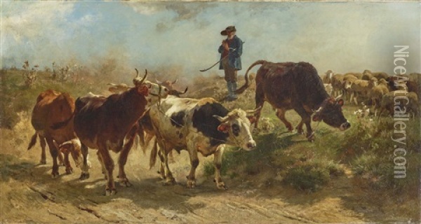 Shepherd With Sheep Oil Painting - Anton Braith
