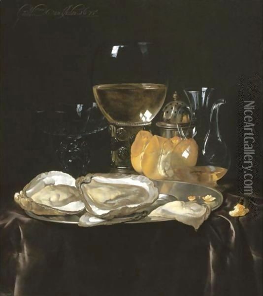 Still Life With A Roemer, A Carafe Of Vinegar, A Glass Tazza, A Bread Roll And Oysters On A Silver Plate On A Draped Table Top Oil Painting - Willem Van Aelst