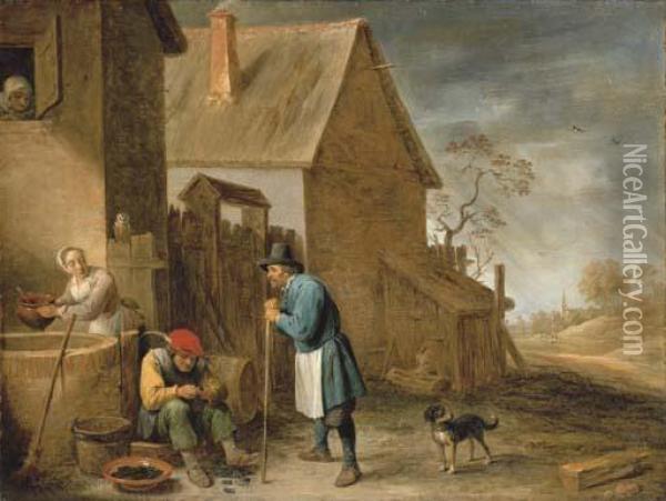 A Peasant Eating Mussels At A 
Farm, With A Woman At A Well And Aman With His Dog, A Landscape With A 
Church Beyond Oil Painting - David The Younger Teniers