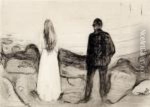 Two Human Beings. The Lonely Ones 1894 Oil Painting - Edvard Munch