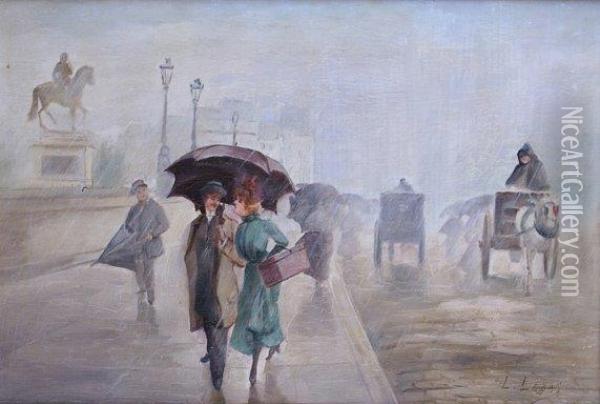 Temps De Pluie Sur Le Pont-neuf A Paris Oil Painting - Leonie Lebas