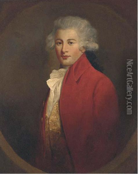 Portrait Of A Young Gentleman, Half-length, In A Red Jacket Andwhite Cravat Oil Painting - John Hoppner