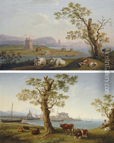 A Coastal Inlet, With Cattle In The Foreground And Fishing Boats And A Town Beyond (+ The Harbour Of Terracina; Pair) Oil Painting - Jacob Philipp Hackert