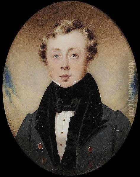 A Young Gentleman, Wearing Blue Coat With Black Velvet Collar, Black Waistcoat, White Chemise And Tied Stock Oil Painting - Charles William Day