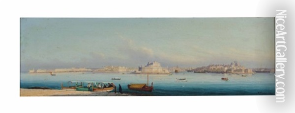 Views Of The Grand Harbor, Malta (2 Works) Oil Painting - Girolamo Gianni