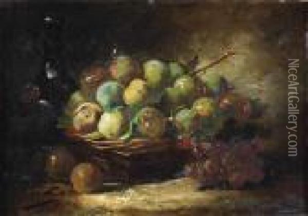 A Still Life With Green Plums And Grapes Oil Painting - Alphonse de Neuville