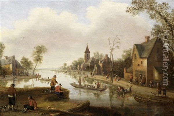 A River Landscape With Figures Outside An Inn And Fishermen In Boats, A Town Beyond Oil Painting - Cornelis Droochsloot