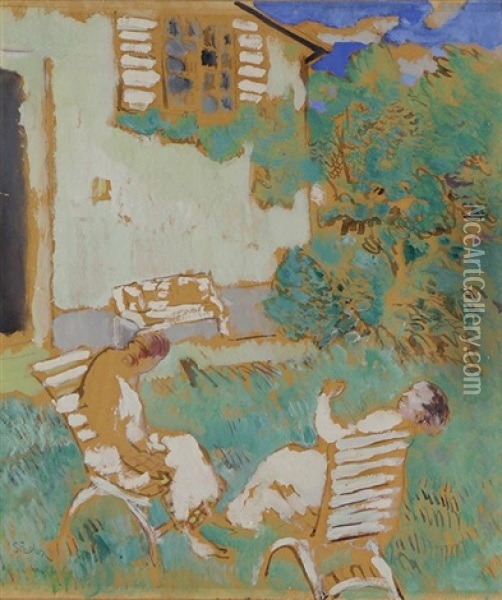 Untitled (two Seated Figures In A Garden) Oil Painting - Paul Strecker