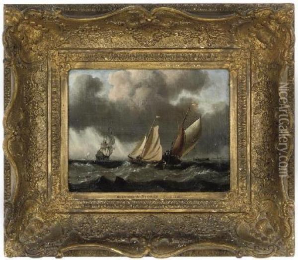 Fishing Boats In A Swell, A Dutch Man O'war Beyond Oil Painting - Abraham Storck