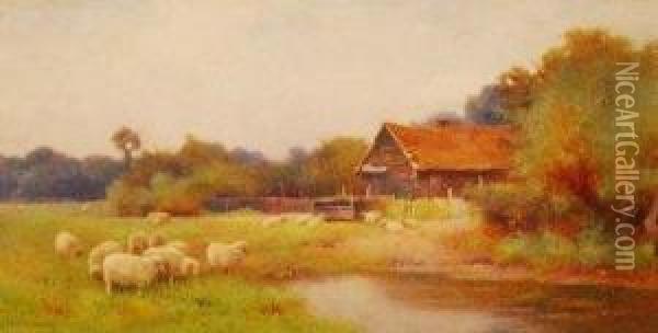 Sheep Grazing Near A Pool Oil Painting - Benjamin D. Sigmund