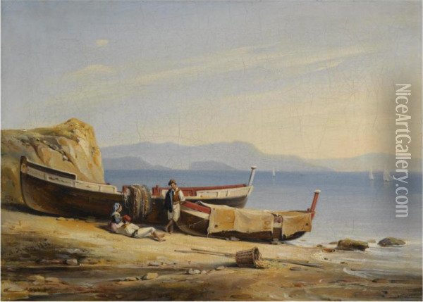 A Mediterranean Coastal Scene With Figures Resting By Boats On The Beach Oil Painting - Alphee De Regny