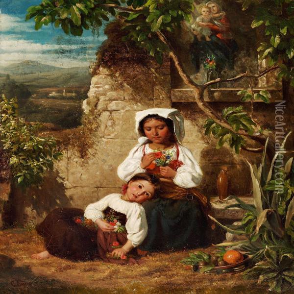 Italian Landscape With Two Little Girls With Bunches Offlowers At A Roadside Altar Oil Painting - Carl Gottfried Eybe
