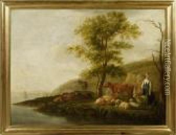 Landscape With Shepherds And Animals On The Seaside Oil Painting - Aelbert Cuyp