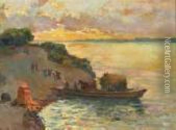 Sunset Coast With Figures Disembarking A Barge Oil Painting - Eugen Karpathy