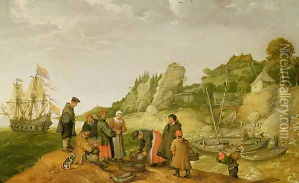 Fisherman unloading and selling their catch on a rocky shoreline Oil Painting - Adam Willaerts