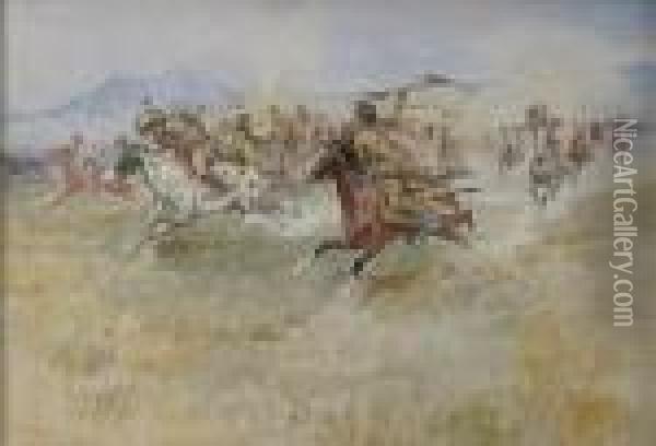 The Battle Between The Blackfeet And Thepiegans Oil Painting - Charles Marion Russell